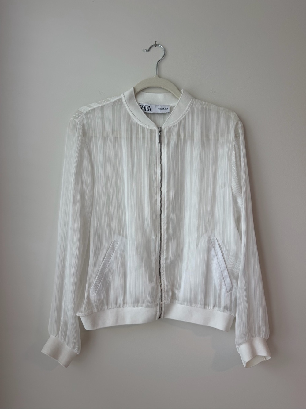 Zara White Sheer Striped Bomber Jacket